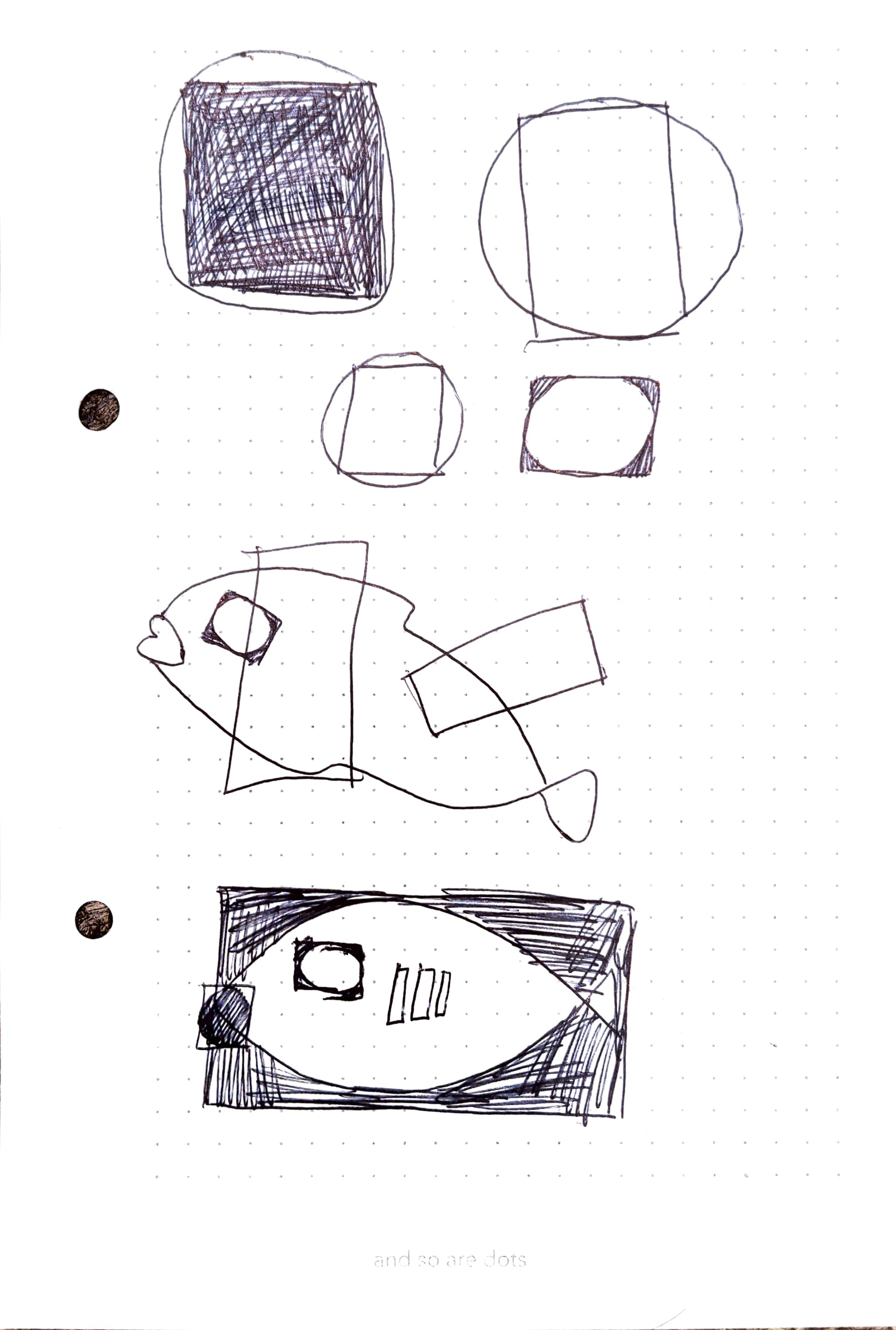 Notes on dotted paper. At the top are a few patterns of circles and squares and at the bottom are stylised fish drawings with the square and circle patterns over them.